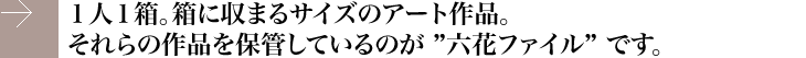 １人１箱。箱に収まるサイズのアート作品。<br />それらの作品を保管しているのが ”六花ファイル” です。